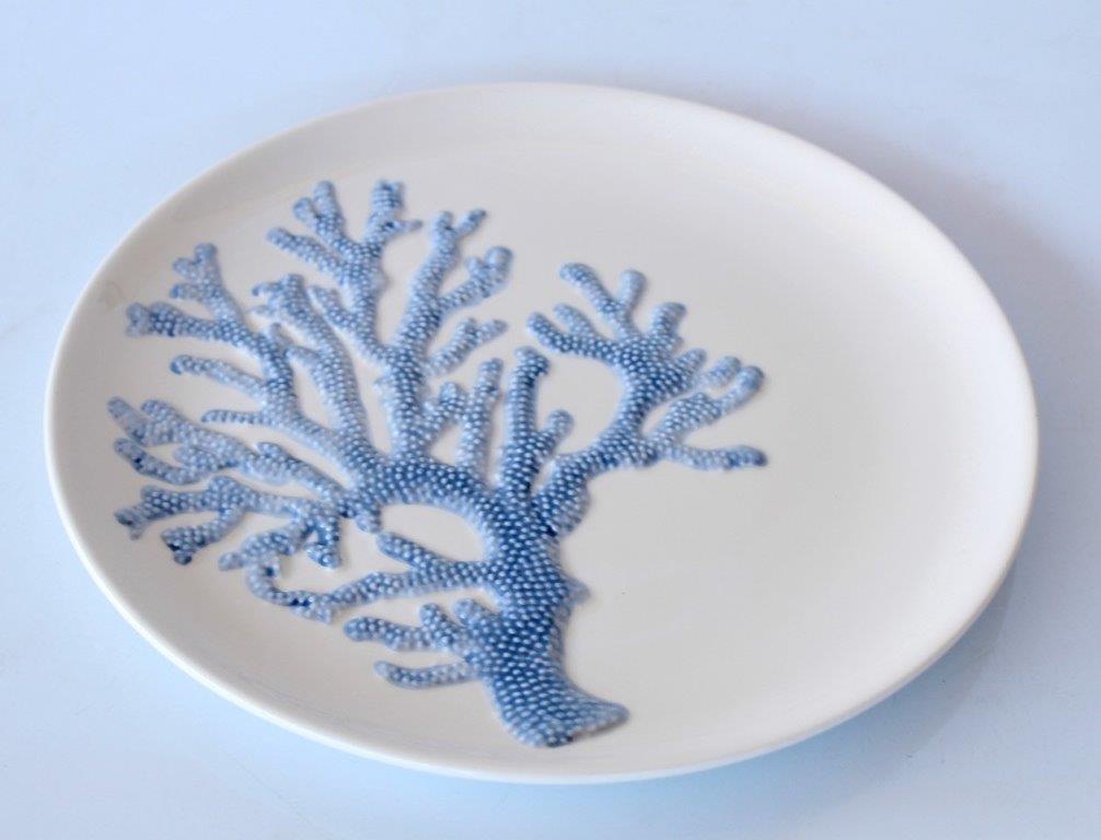 Large Off White Platter Blue Coral Design